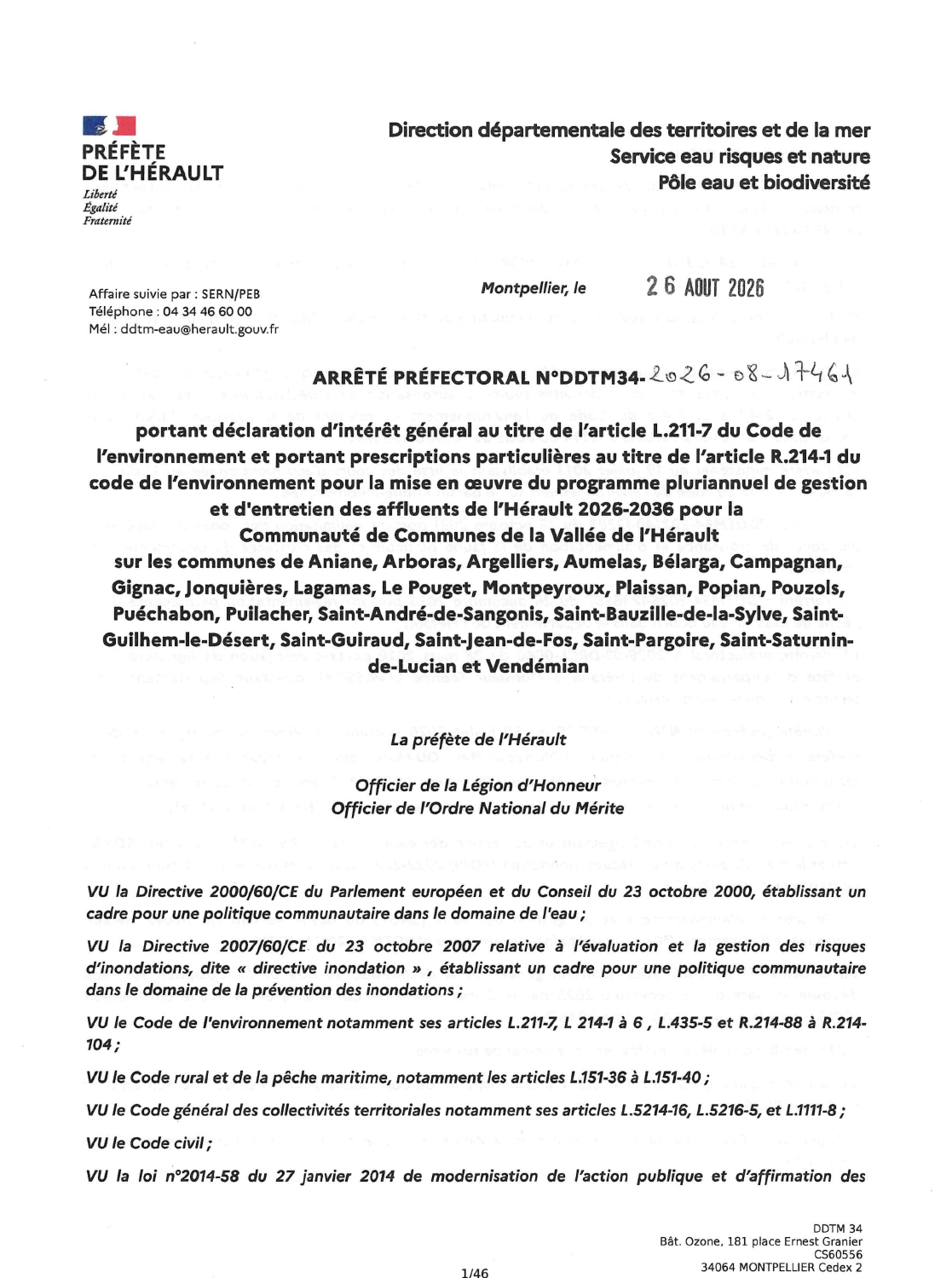Déclaration d’intérêt général relative au programme pluriannuel de gestion et d&rsquo;entretien des affluents du fleuve Hérault 2026-2036 sur son périmètre